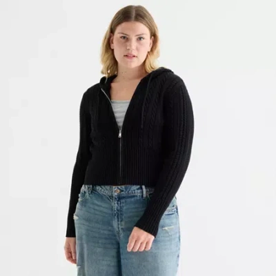 Forever 21 Juniors Plus Womens Hooded Long Sleeve Cable Knit Front Zip Sweater In Black