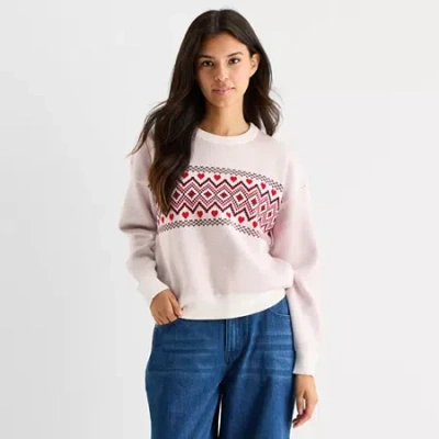 Forever 21 Juniors Womens Crew Neck Long Sleeve Hearts Pullover Sweater In White