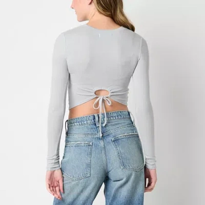 Arizona Cozy Tie Back Womens Juniors Crew Neck Long Sleeve T-shirt In White