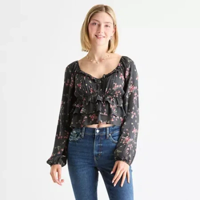 Arizona Womens Juniors U Neck Long Sleeve Blouse In Green