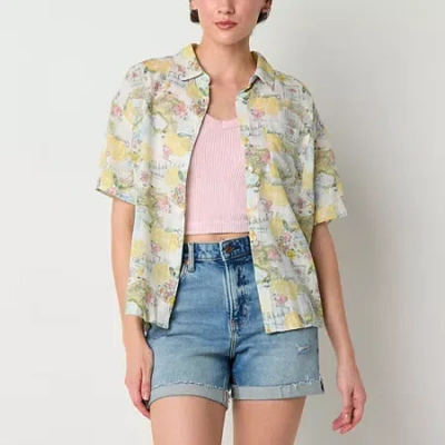 Arizona Womens Juniors Short Sleeve Camp Shirt In Yellow