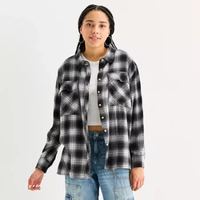 Arizona Womens Juniors Cuffed Long Sleeve Regular Fit Button-down Shirt In Gray