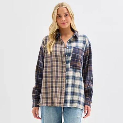 Arizona Womens Juniors Cuffed Long Sleeve Regular Fit Button-down Shirt In Multi