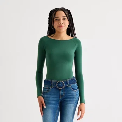 Arizona Womens Juniors Round Neck Long Sleeve Bodysuit In Green