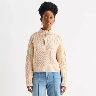 Arizona Juniors Womens Mock Neck Long Sleeve Cable Knit Pullover Sweater In Brown