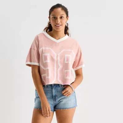 Arizona Womens Juniors V Neck Short Sleeve Oversized Graphic T-shirt In Pink