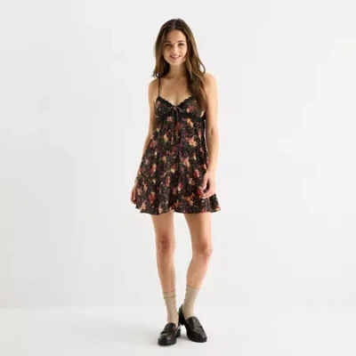Arizona Womens Sleeveless Juniors Floral Babydoll Dress In Black