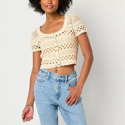 Arizona Womens Scoop Neck Short Sleeve Button Juniors Cardigan In White