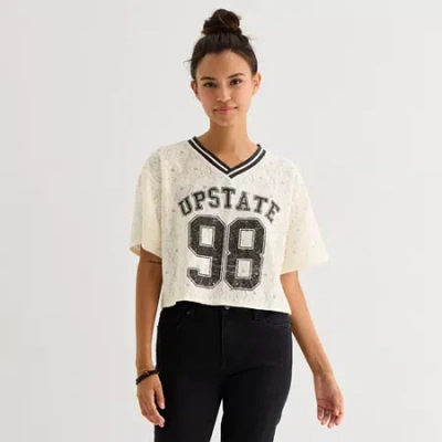 Arizona Womens Juniors V Neck Short Sleeve Boxy Fit Graphic T-shirt In White