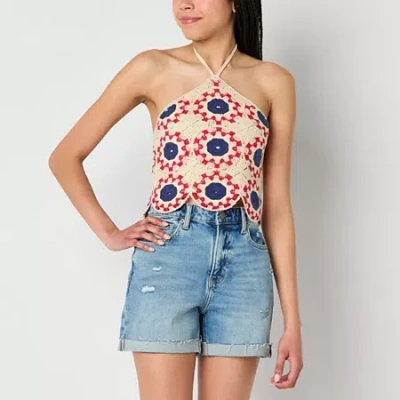 Arizona Crochet Womens Juniors Halter Neck 3/4 Sleeve Tank Top In Blue