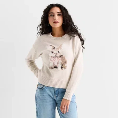 Arizona Juniors Womens Crew Neck Long Sleeve Animal Pullover Sweater In Neutral