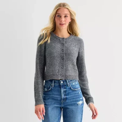 Arizona Womens Crew Neck Long Sleeve Button Juniors Cardigan In Gray