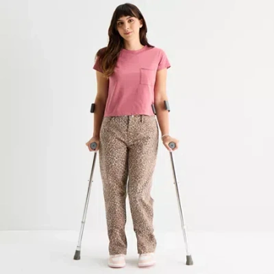 Arizona Womens Juniors Low Rise Easy-on + Easy-off Baggy Fit Straight Leg Jean In Brown