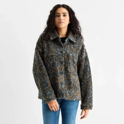 Arizona Womens Juniors Faux Fur Midweight Shirt Jacket In Brown