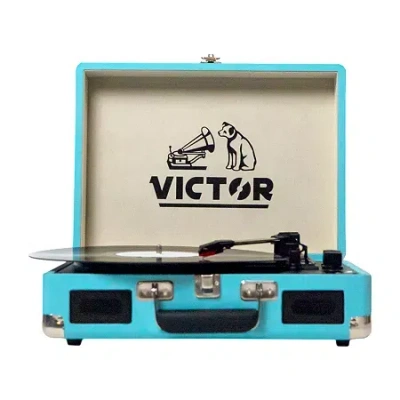 Victor Metro Suitcase Record Player Turntable In Blue