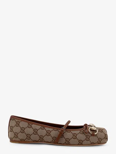 Gucci Women Gg Fabric Ballerinas With Iconic Horsebit In Brown