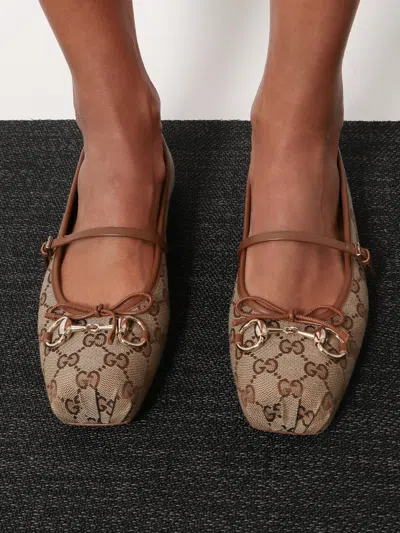Gucci Women Gg Fabric Ballerinas With Iconic Horsebit In Brown
