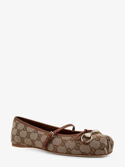 Gucci Women Gg Fabric Ballerinas With Iconic Horsebit In Brown