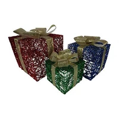 Northlight Set Of 3 Lighted Red Blue And Green Gift Boxes Decorations 9.75in Christmas Yard Art In Red