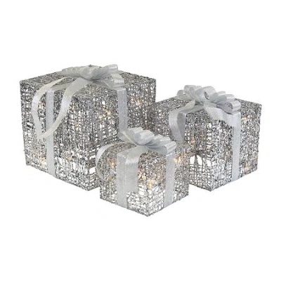 Northlight Set Of 3 Led Lighted Silver Glitter Threaded Gift Boxes Outdoor Decoration Christmas Yard Art In Silver