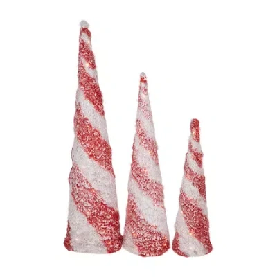 Northlight Led Lighted Snow Candy Cane Cone Trees 3-pc. Lighted Christmas Tabletop Decor In Red