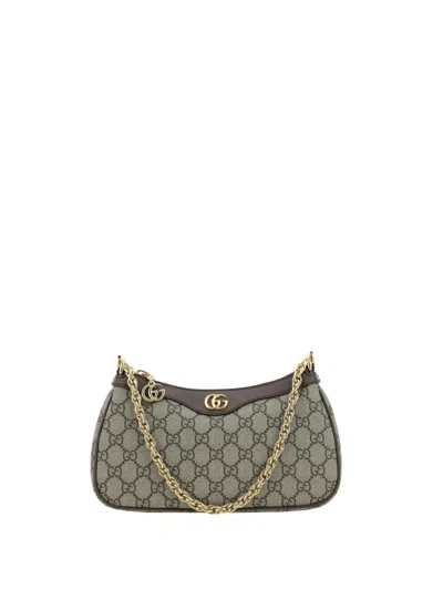 Gucci Women Beige Shoulder Bag With Gg Plaque On The Front And Chain-link Handle In Gg Canvas Woman In Multi