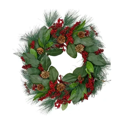 Northlight Leaves Berry And Pine Needle Artificial Unlit Wreath In Multi