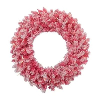 Northlight Flocked Pink Artificial With Clear Lights Pre-lit Wreath In Pink