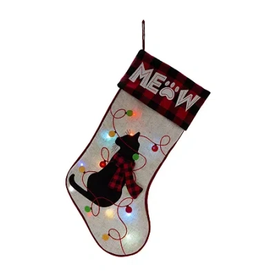 Glitzhome Led Embroidered Linen Cat Christmas Stocking In White