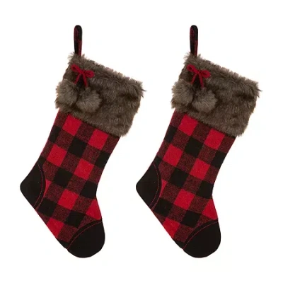 Glitzhome 21" Fur Buffalo Plaid Christmas Stocking - Set Of 2 In Black