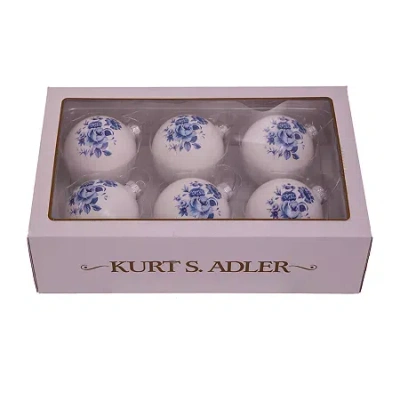 Kurt Adler 80mm Delft Blue Shiny Glass Ball Ornaments 6-piece Set In White