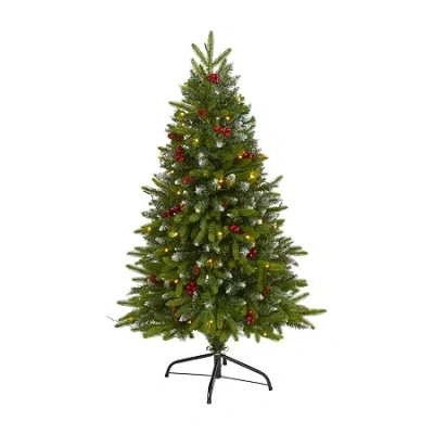 Nearly Natural 4 Foot Snow Tipped Spruce With Frosted Berries And Pinecones And 100 Clear Led Lights Pre-lit Christ In Green