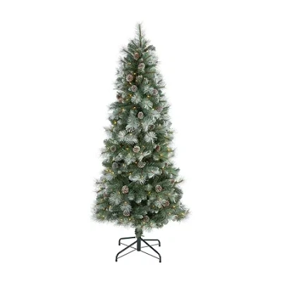 Nearly Natural 6 Foot Frosted Pine With Pine Cones And 588 Bendable Branches And 250 Clear Lights Pre-lit Christmas In Green