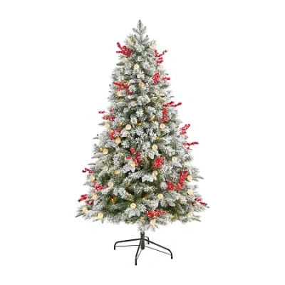 Nearly Natural 6 Foot Snow Tipped Flocked Fir With Berries And 906 Bendable Branches And 200 Led Lights And 50 Led  In Green