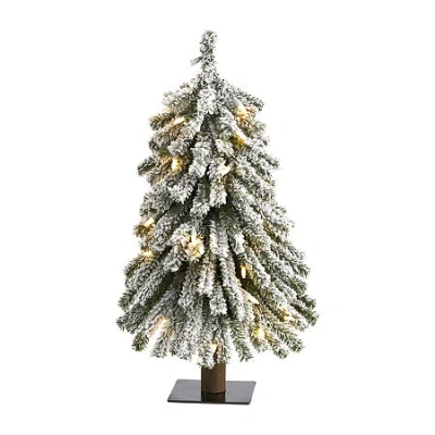Nearly Natural 2 Foot Grand Flocked Pine On Natural Trunk With 111 Bendable Branches And 35 Clear Lights Pre-lit Ch In Green