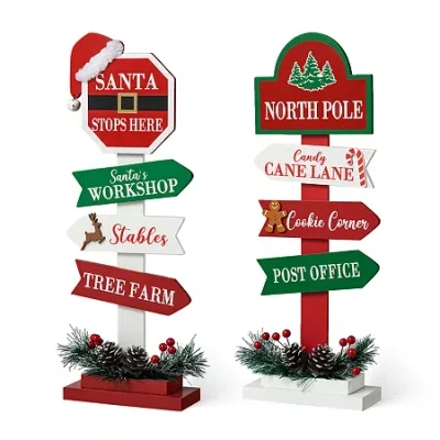 Glitzhome 2-pc Signpost Wooden Christmas Tabletop Decor In Red
