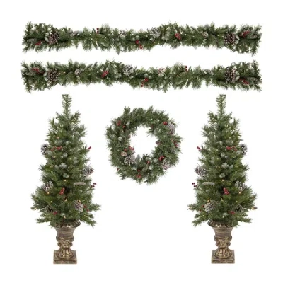 Northlight 5-piece Pre-lit Frosted Verona Berry Pine Artificial Christmas Entryway Set In Green