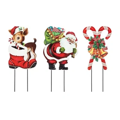 Glitzhome Set Of 3 Metal Glitter Santa Christmas Yard Art In Red