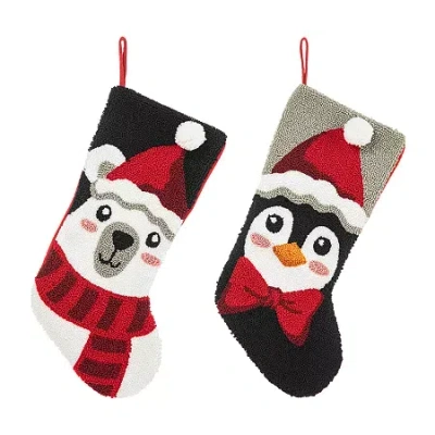 Glitzhome Polar Bear & Penguin Hooked Christmas Stocking In White