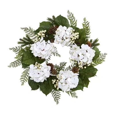 Nearly Natural 24in. Faux Hydrangea Wreath In White