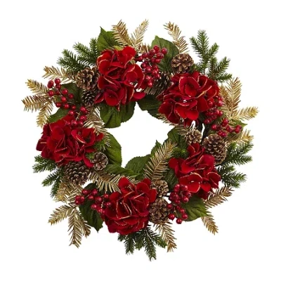Nearly Natural 24in. Faux Hydrangea Pine Wreath In Red