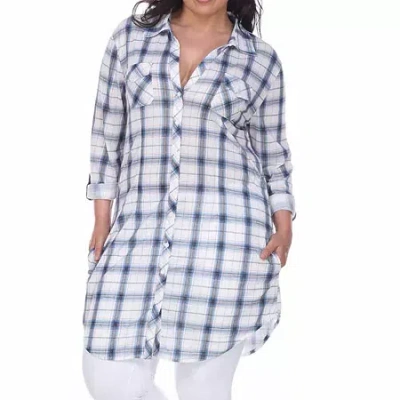 White Mark Plus Piper Plaid Womens Long Sleeve Tunic Top In Blue