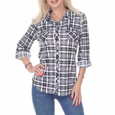White Mark Oakley Plaid Womens Roll Tab 3/4 Sleeve Regular Fit Stretch Fabric Button-down Shirt In Black
