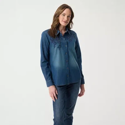 Gloria Vanderbilt Womens Long Sleeve Regular Fit Button-down Shirt In Blue