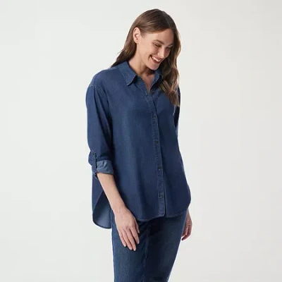 Gloria Vanderbilt Womens Roll Tab Long Sleeve Loose Fit Button-down Shirt In Blue