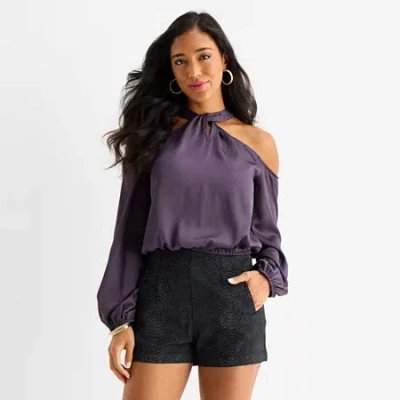 Bold Elements Womens Mock Neck Long Sleeve Satin Blouse In Purple