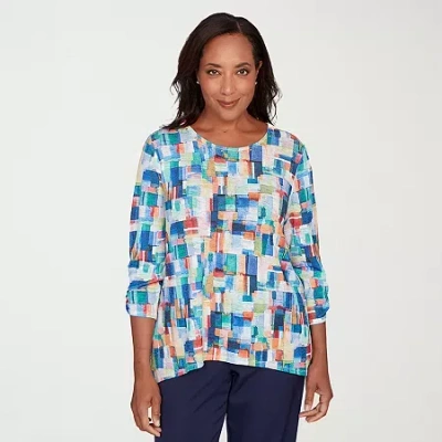 Alfred Dunner Saratoga Springs Womens Crew Neck 3/4 Sleeve T-shirt In Blue