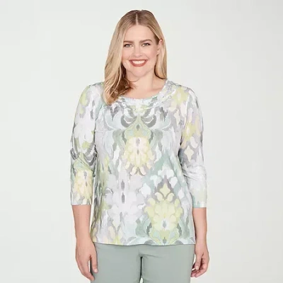 Alfred Dunner Stockbridge Womens Crew Neck 3/4 Sleeve T-shirt In Green