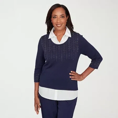 Alfred Dunner Saratoga Springs Womens 3/4 Sleeve Layered Sweater In Animal Print