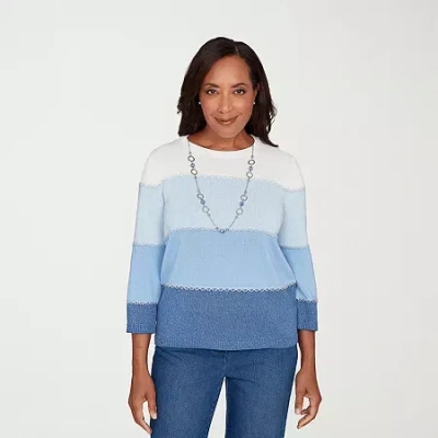 Alfred Dunner Hilton Head Womens Crew Neck 3/4 Sleeve Ombre Pullover Sweater In Blue
